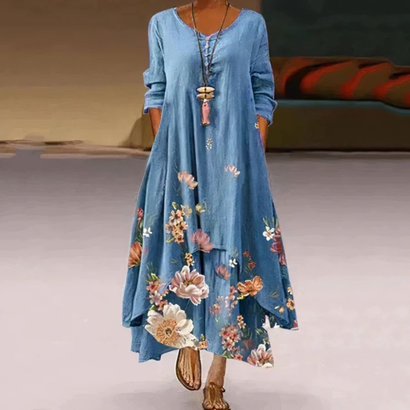 Dame Langermet Blomster Mønster Kjole | Maxi