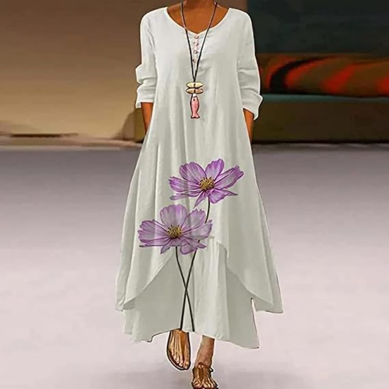 Dame Langermet Blomster Mønster Kjole | Maxi