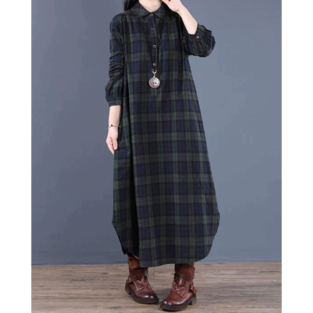 Damen Langermet Rutete Skjorte Kjole | Maxi