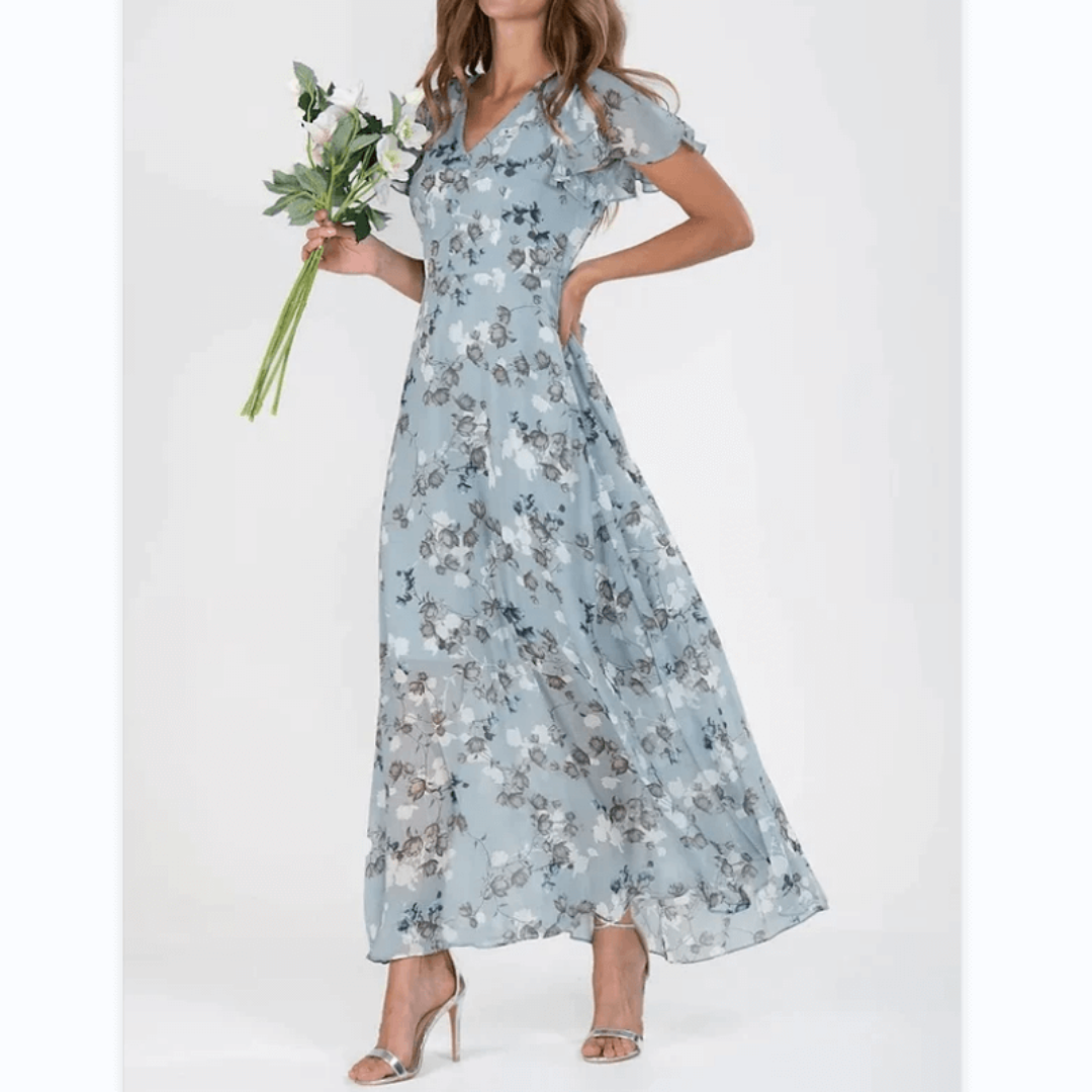 Dame V-Utskjæring Blomstertrykk Lang Kjole | Maxi