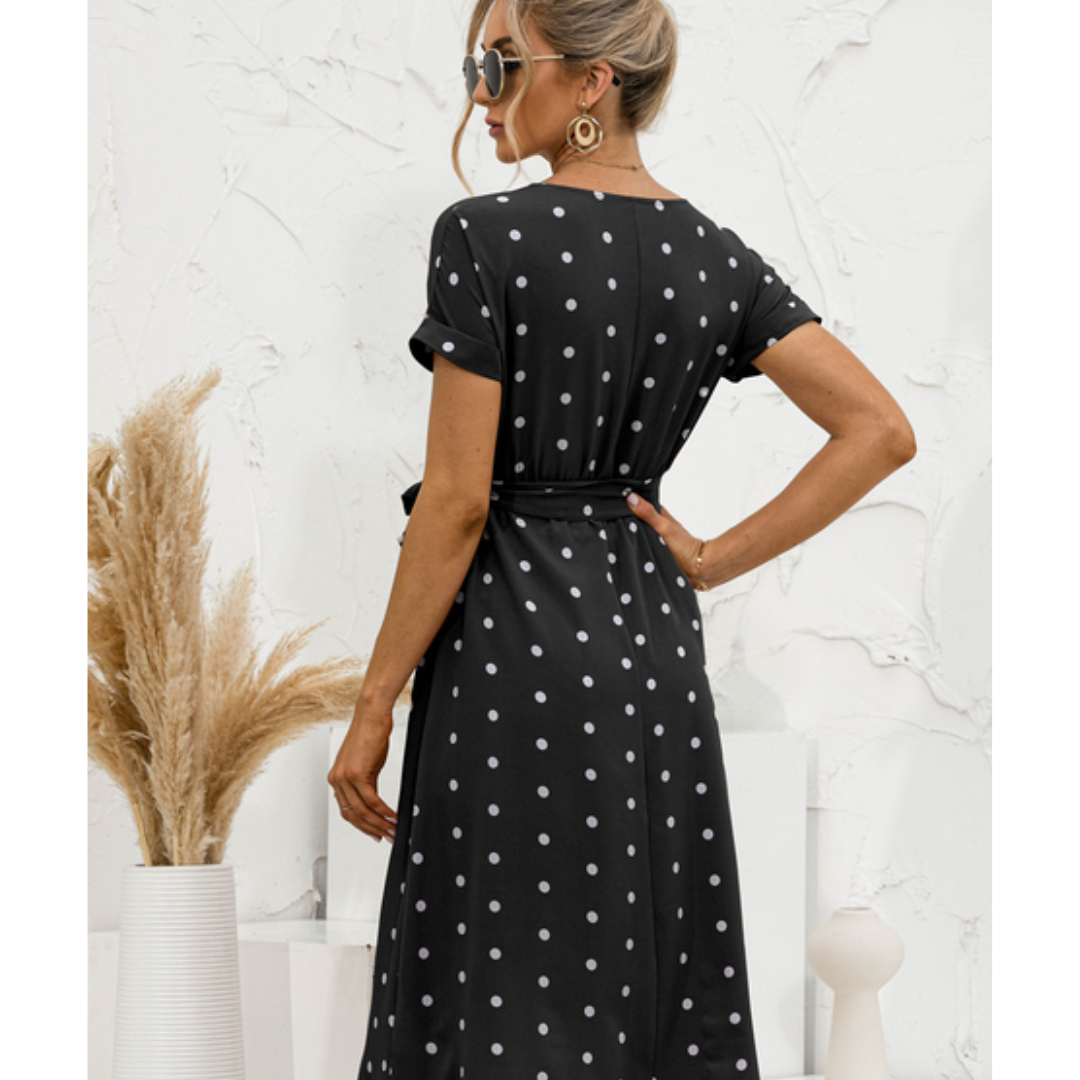 Dame Polka Dot Kjole med Rund Hals | Midi