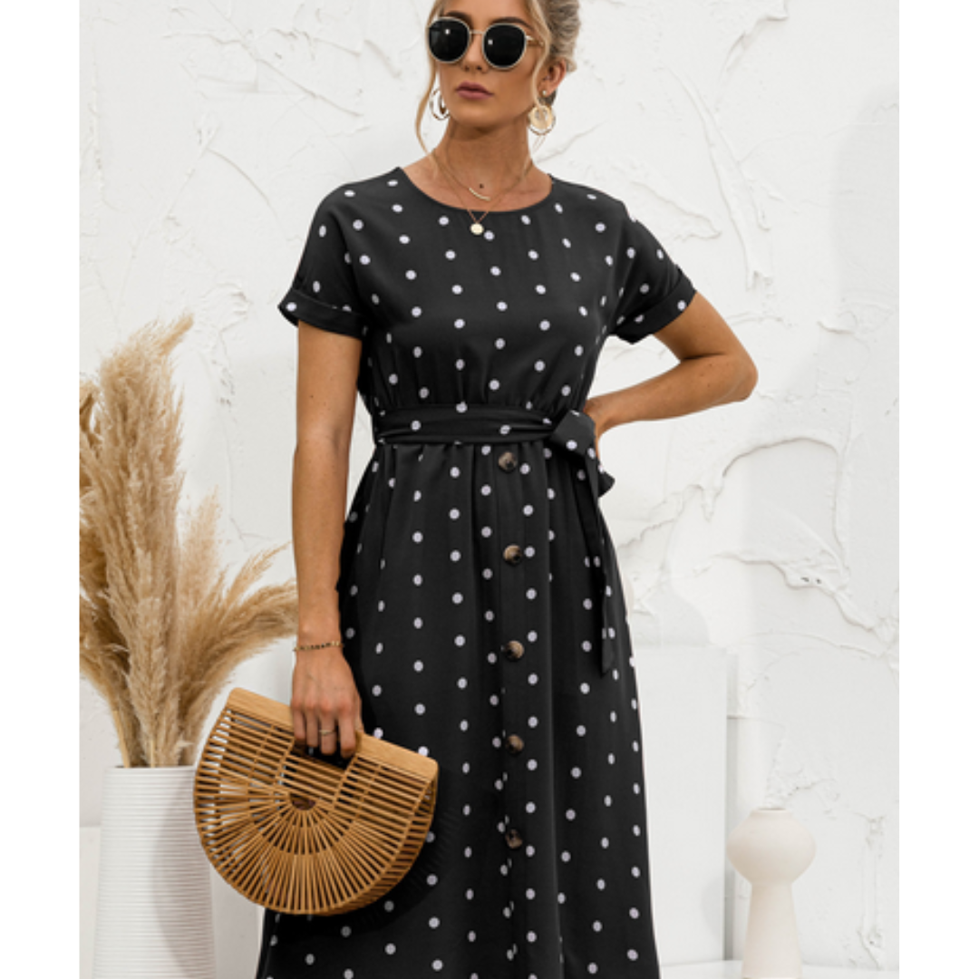 Dame Polka Dot Kjole med Rund Hals | Midi