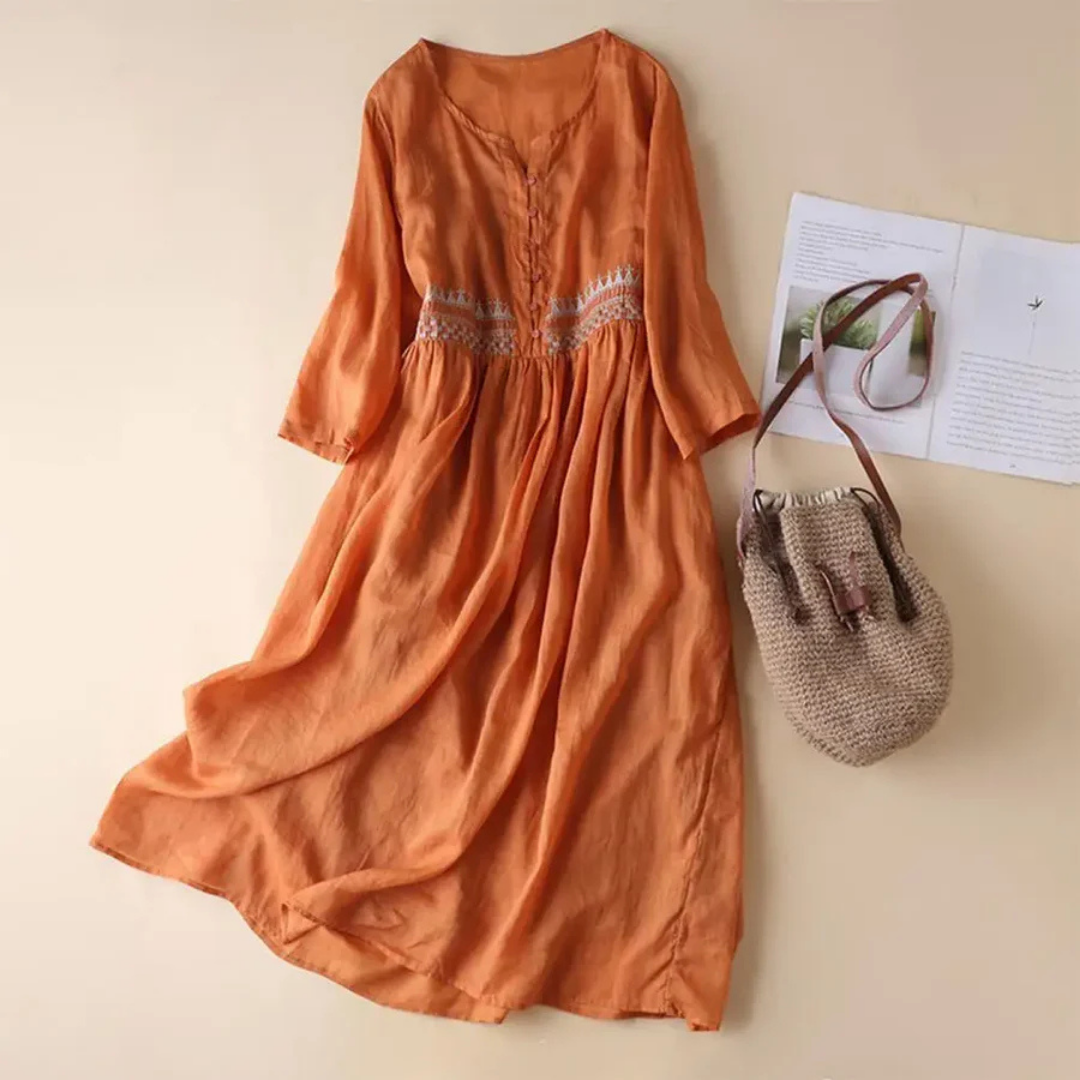 Wiktoria | Etno Stil Brodert Midi Kjole for Damer