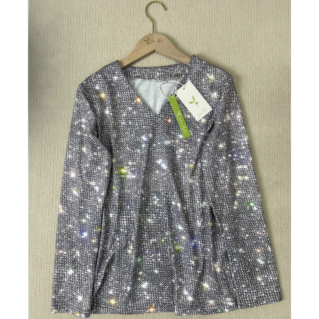 Salbina | Dame Metallisk Disco Glittertrykk Topp | V-Utringning