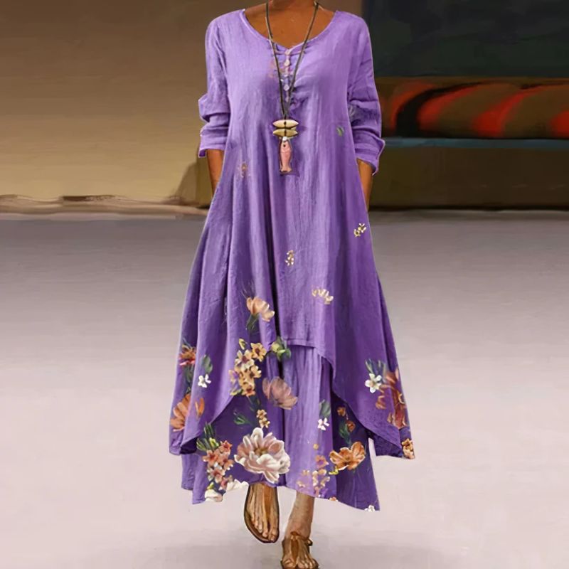 Damen Langermet Blomster Mønster Kjole | Maxi