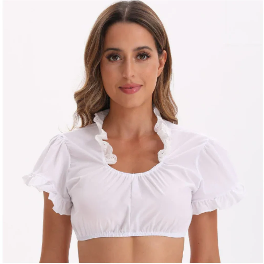 Damen Elegant V Utringning Dirndl Oktoberfest Bluse | Korte Ermer