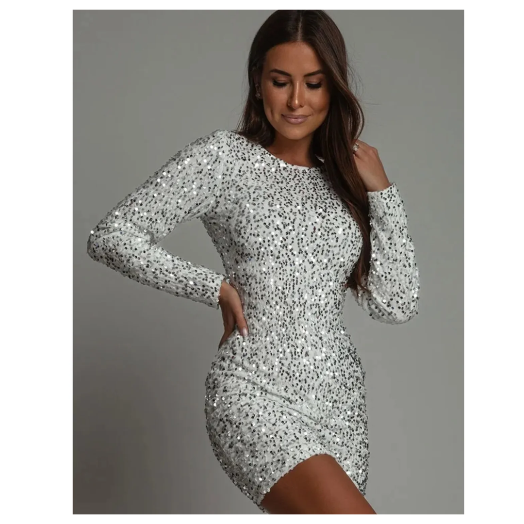 Damen Pailletten Langermet Kjole | Mini