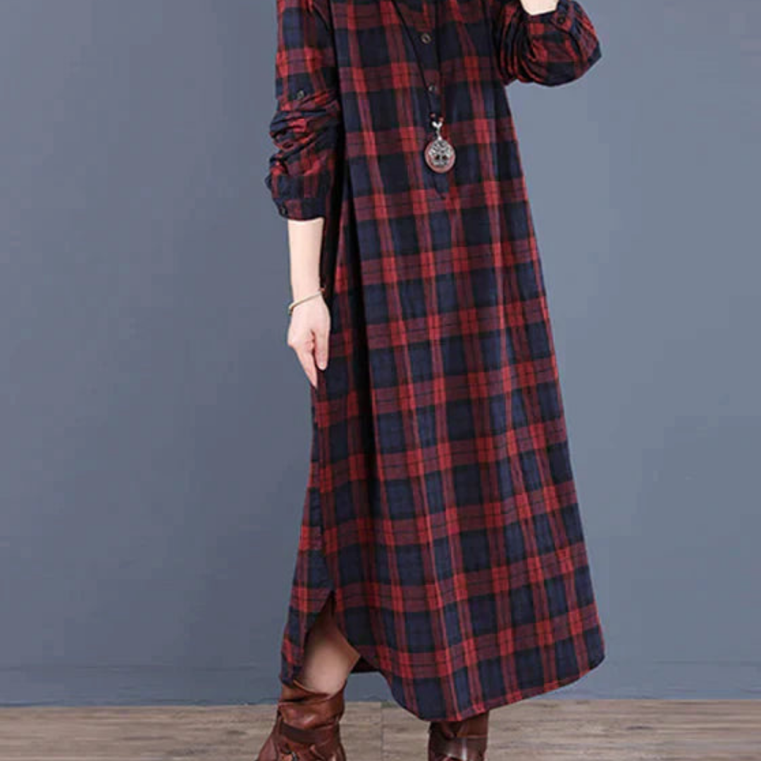 Damen Langermet Rutete Skjorte Kjole | Maxi