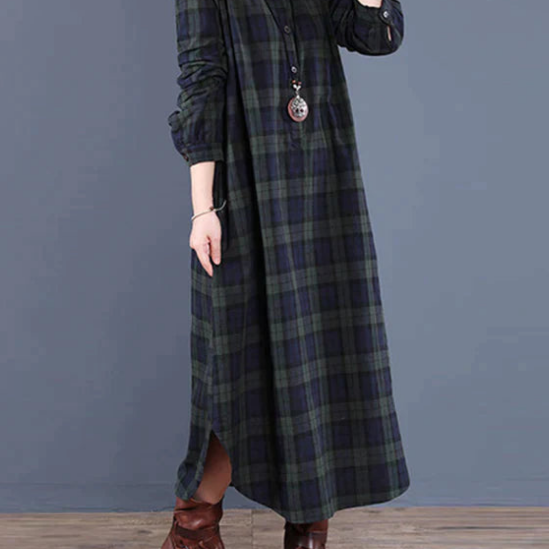 Damen Langermet Rutete Skjorte Kjole | Maxi