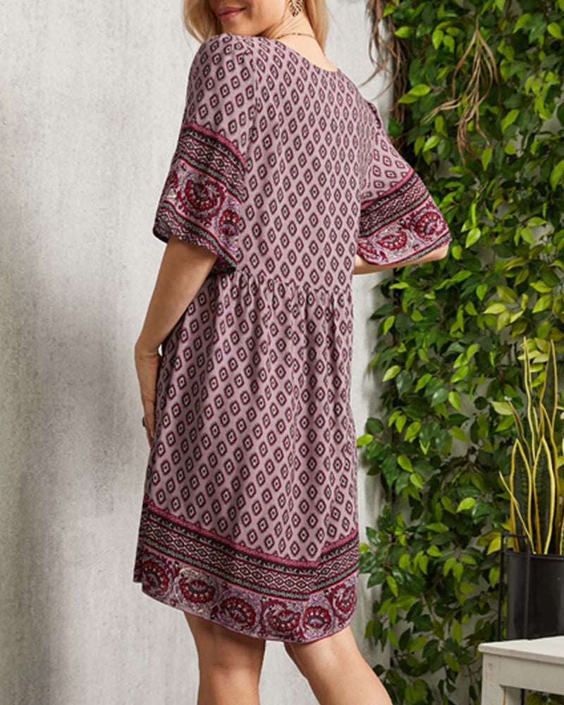 Juvie | Damekjole med V-utringning og Boho-blomstertrykk