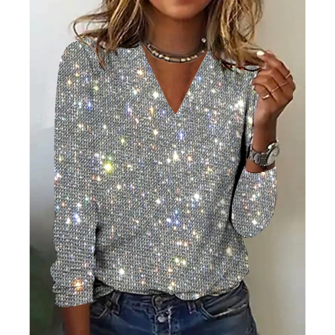 Salbina | Dame Metallisk Disco Glittertrykk Topp | V-hals