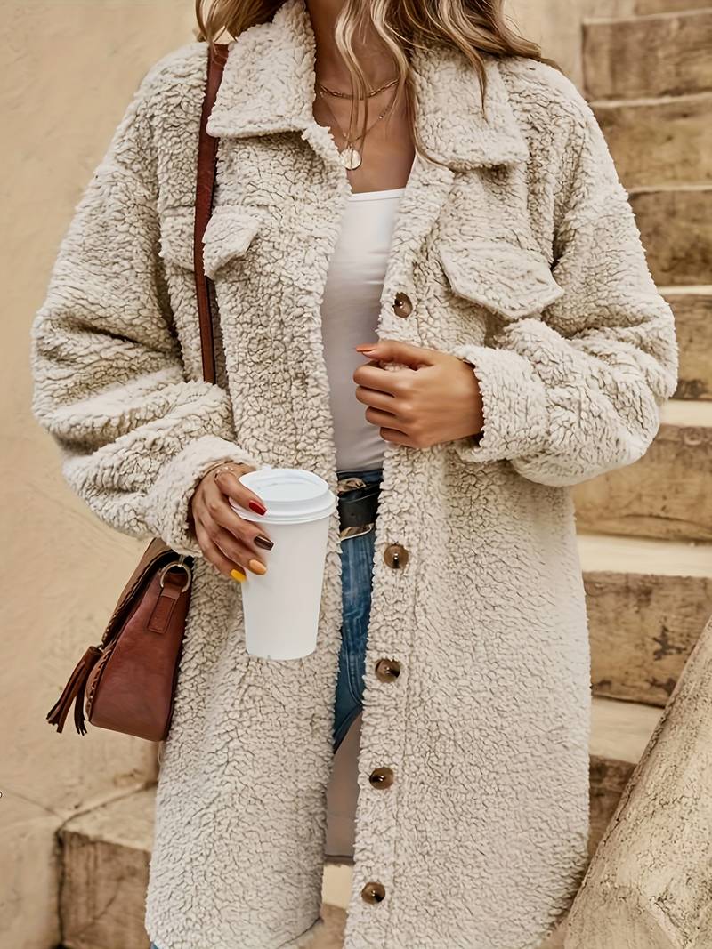 Lang dames teddy-kåpe | Beige