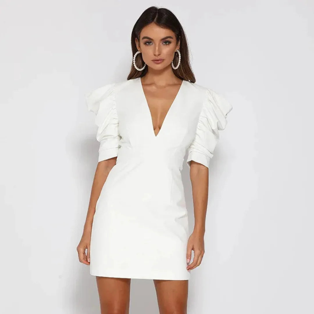 Damen V-Utringning Puffermed Kjole | Mini