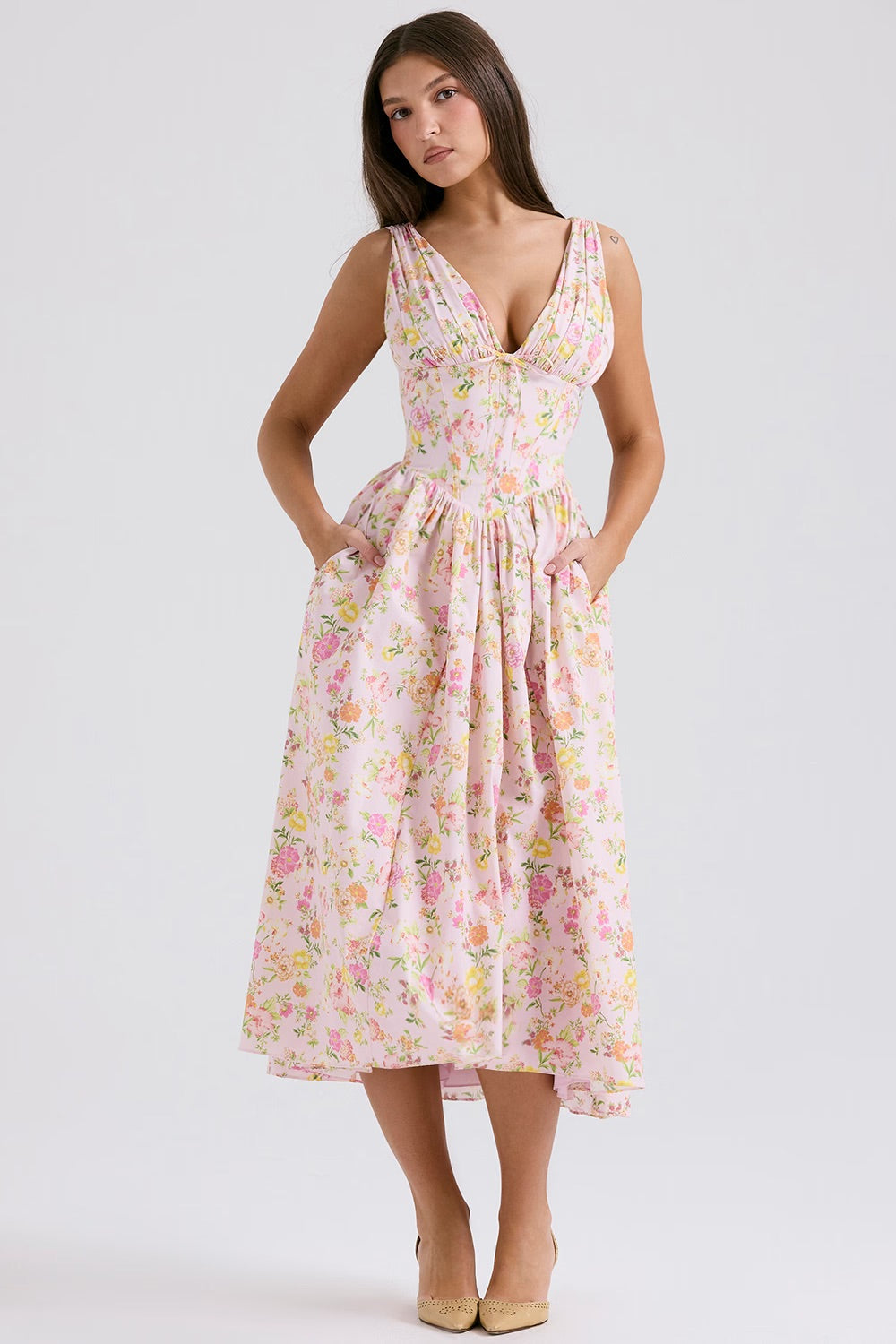 Damen Løs Vintage Blomster Bryllupsgjest Kjole | Midi