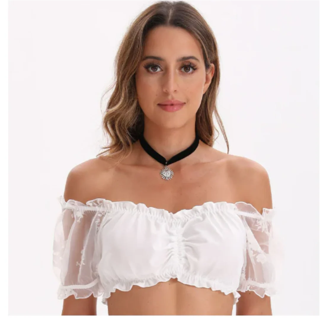 Damen Elegant V Utringning Dirndl Oktoberfest Bluse | Korte Ermer