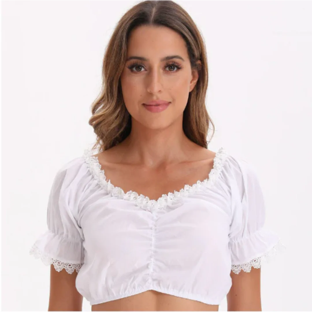 Damen Elegant V Utringning Dirndl Oktoberfest Bluse | Korte Ermer