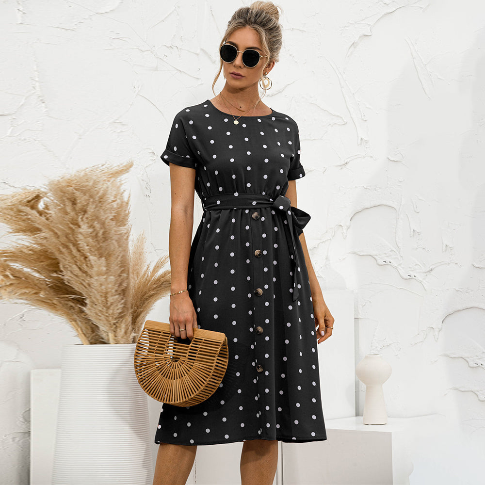 Dame Polka Dot Kjole med Rund Hals | Midi