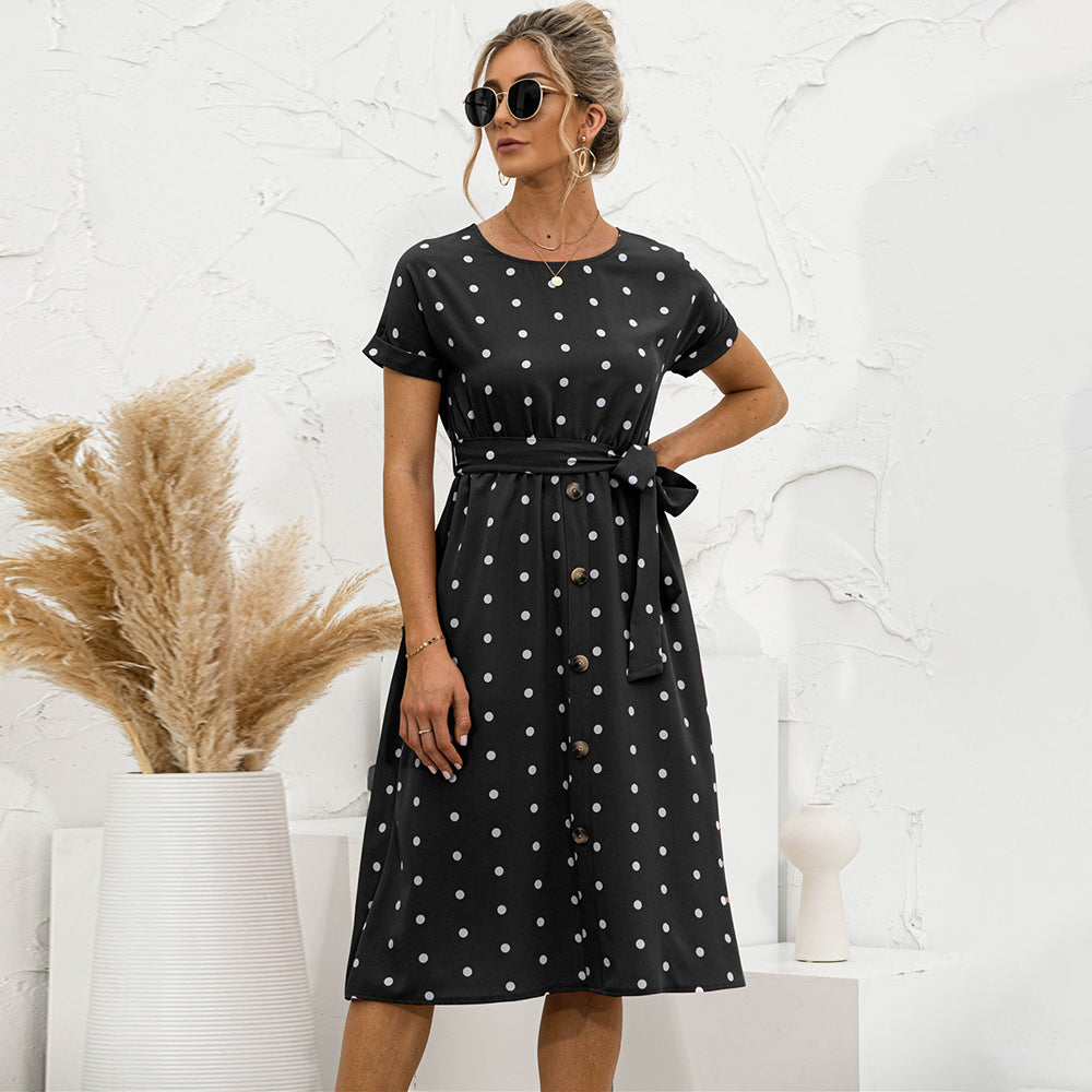 Dame Polka Dot Kjole med Rund Hals | Midi