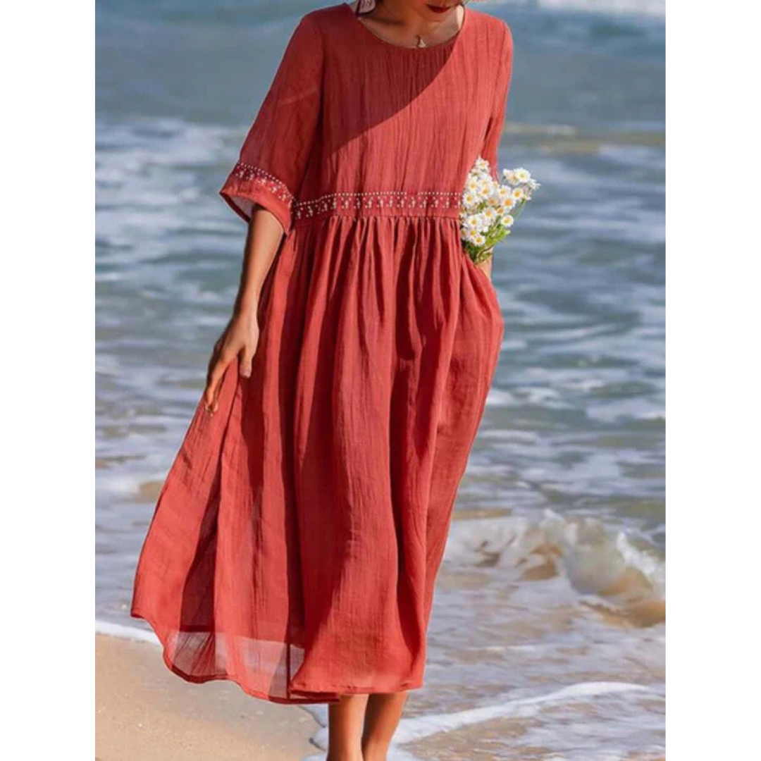 Damen Lose Bestickt Rundhalsausschnitt Kjole | Maxi