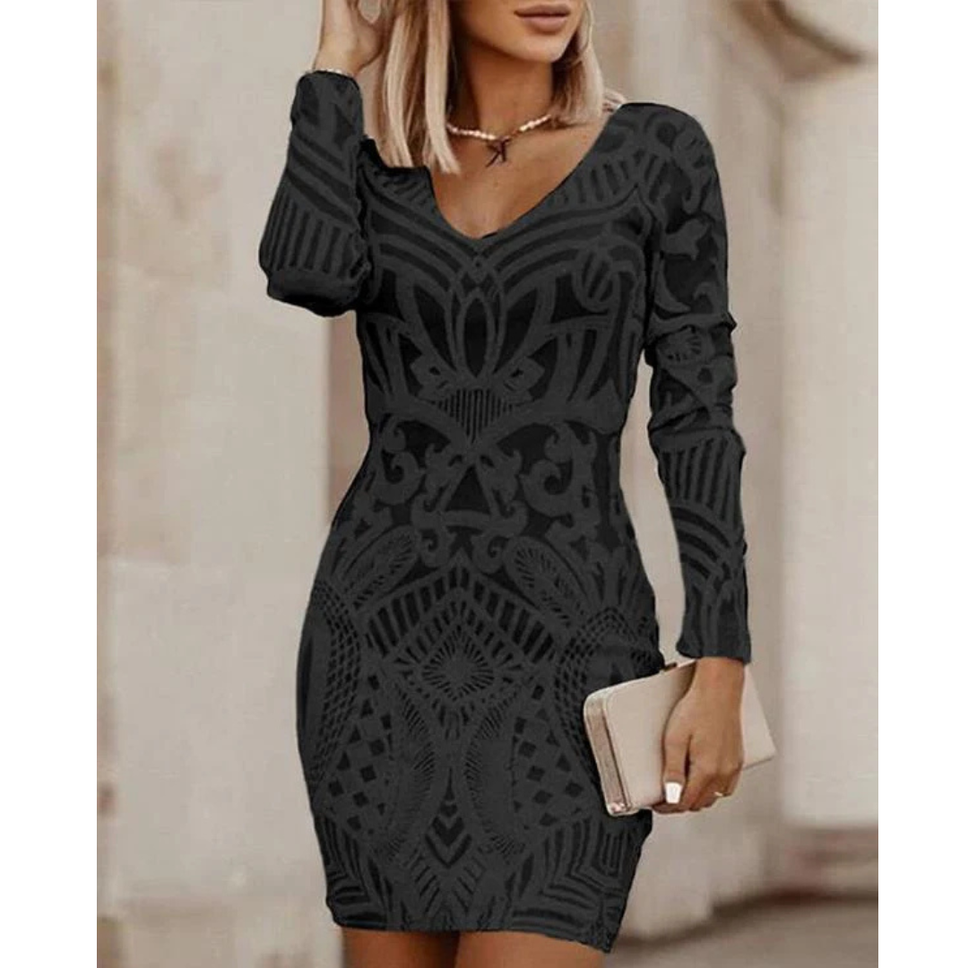 Dame V-Utskjæring Bodycon Langermet Kjole | Mini
