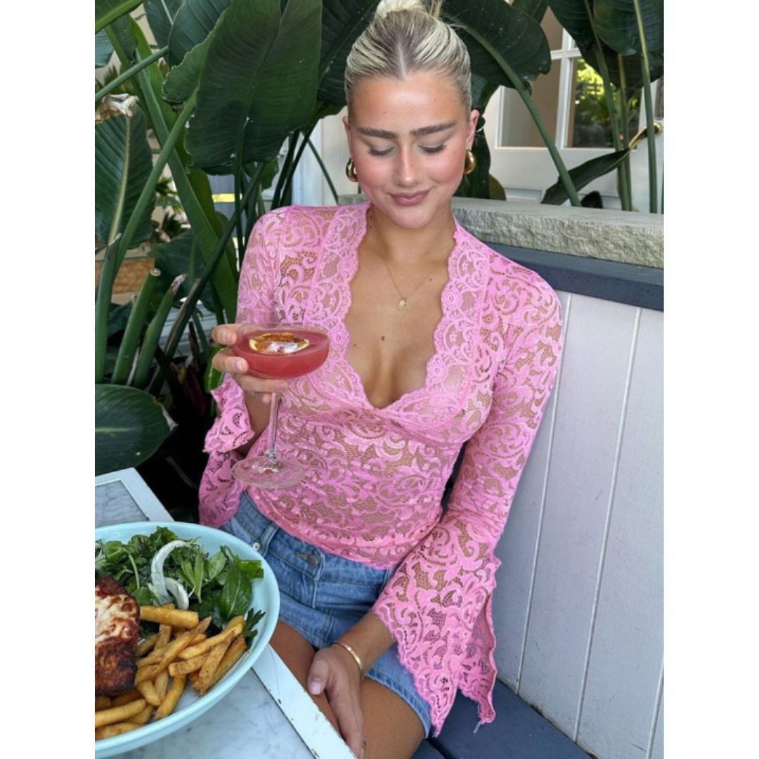 Damen Elegant Blomsterdesign Langermet Topp | V Utringning