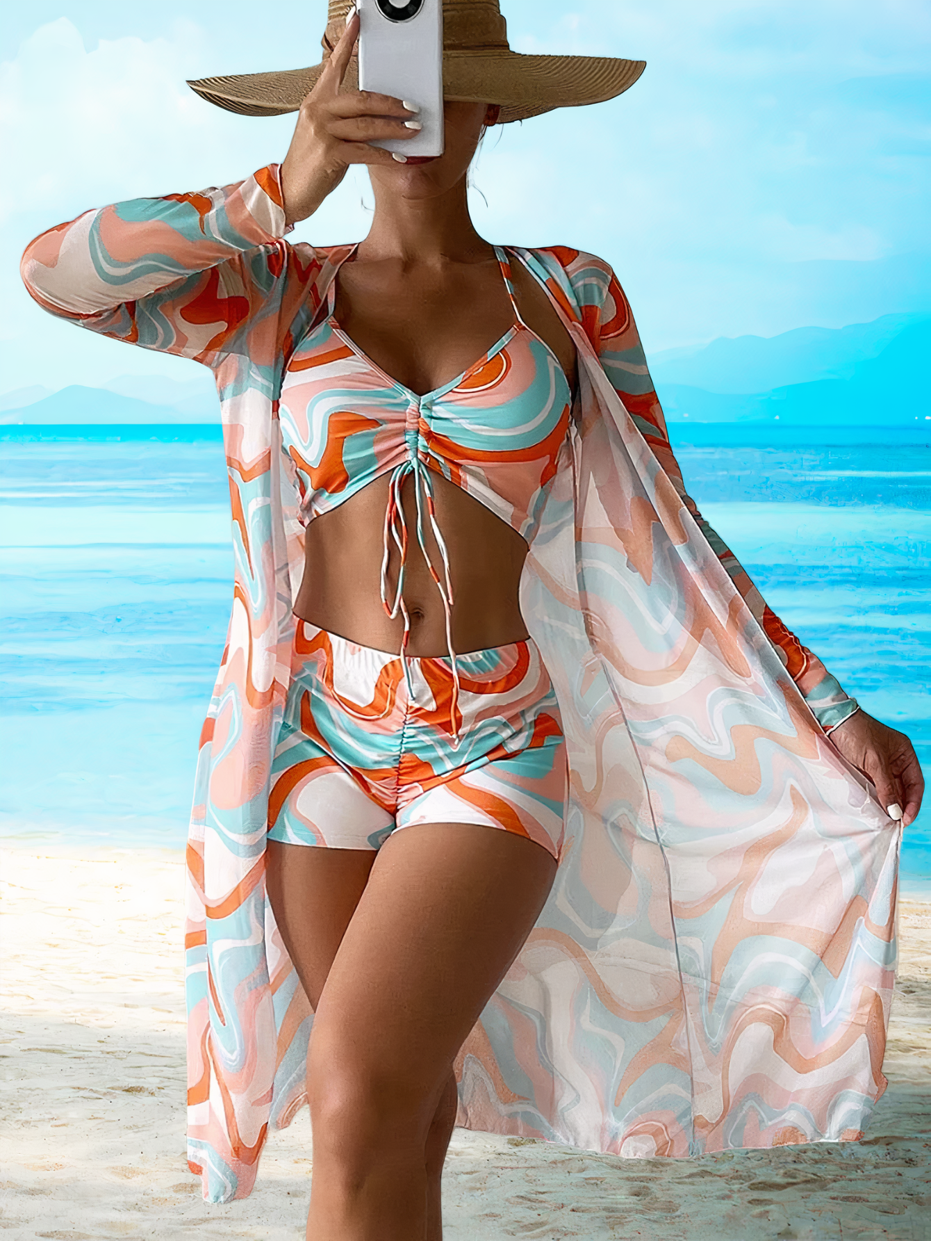 Vanessa | 3-delt bikini-sett med høy midje og badekåpe
