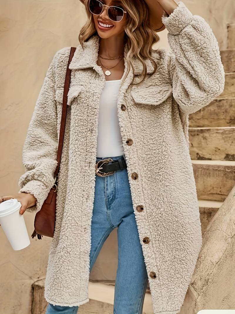 Lang dames teddy-kåpe | Beige