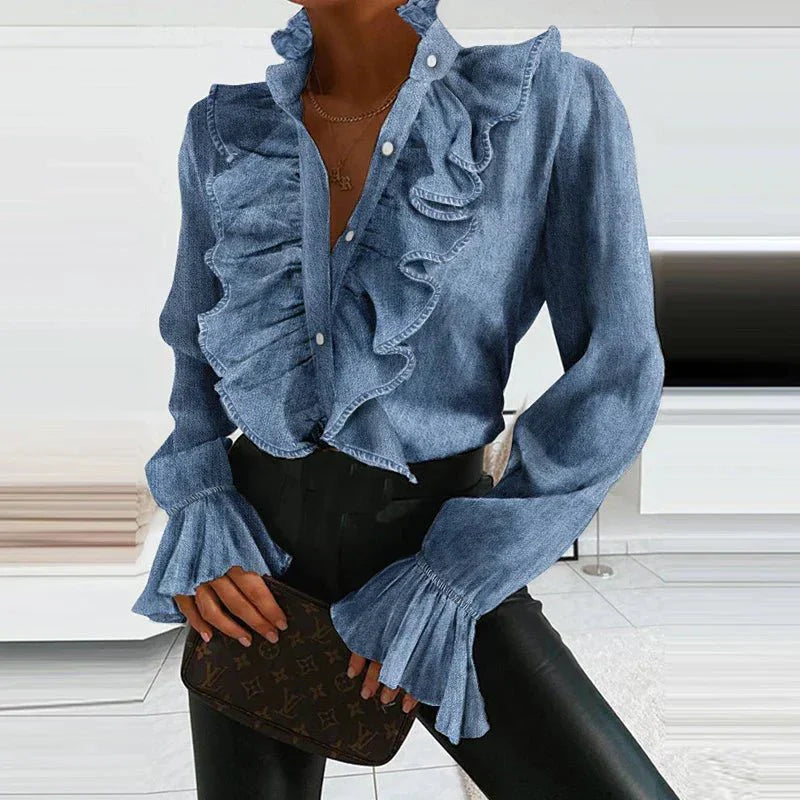 Damen Elegant Rynket Bluse | Langermet