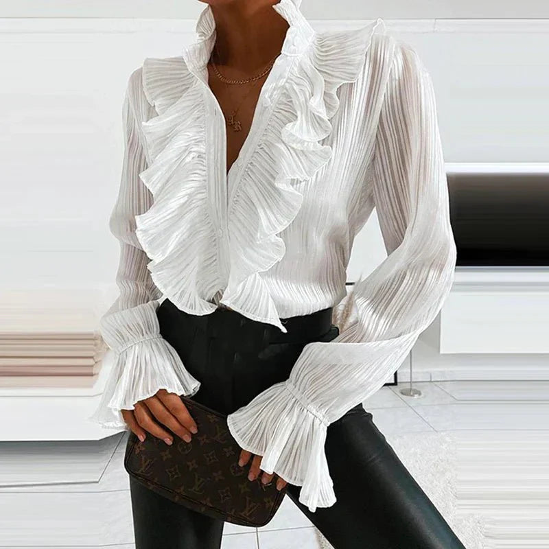 Damen Elegant Rynket Bluse | Langermet