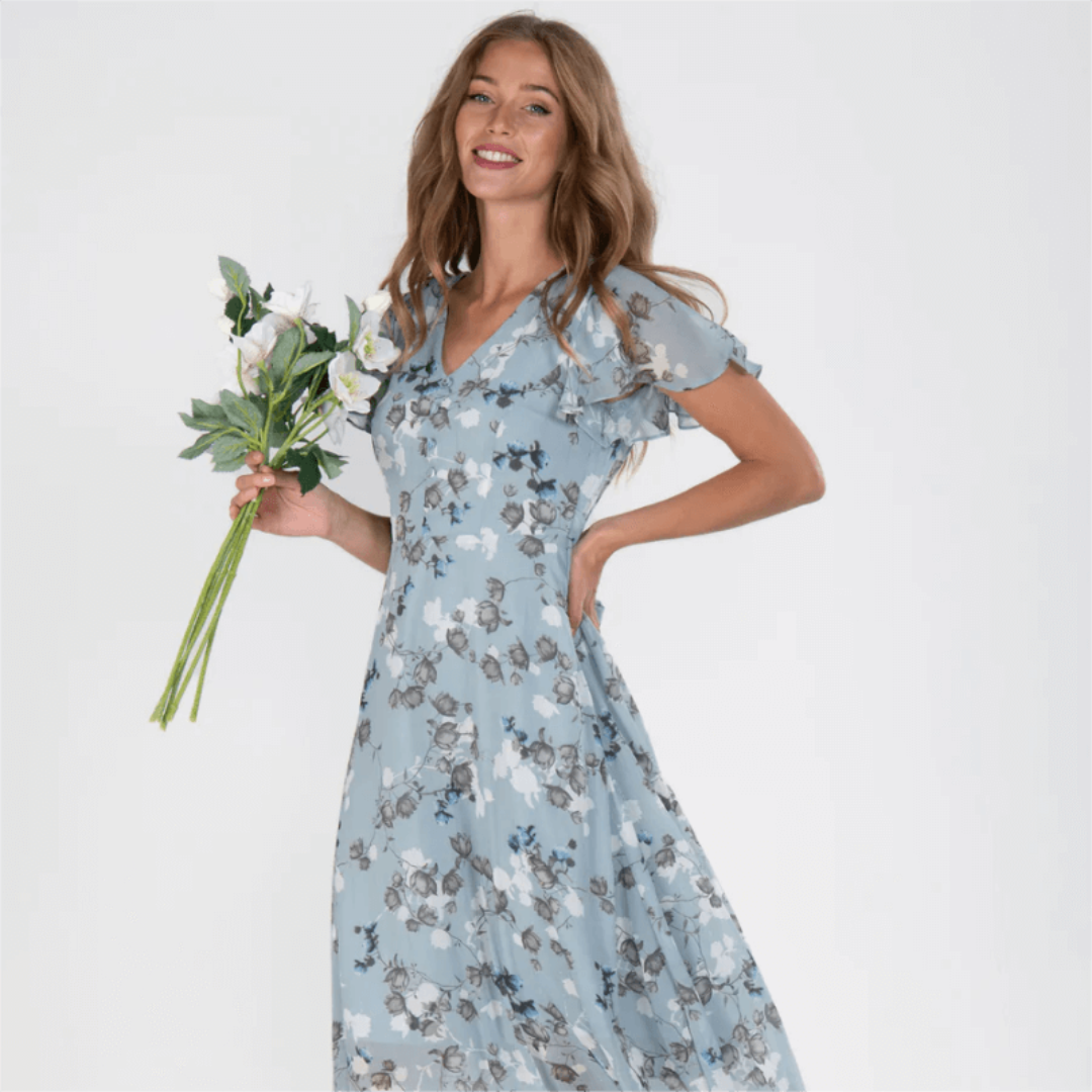 Dame V-Utskjæring Blomstertrykk Lang Kjole | Maxi