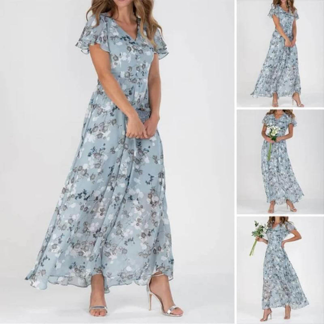 Dame V-Utskjæring Blomstertrykk Lang Kjole | Maxi